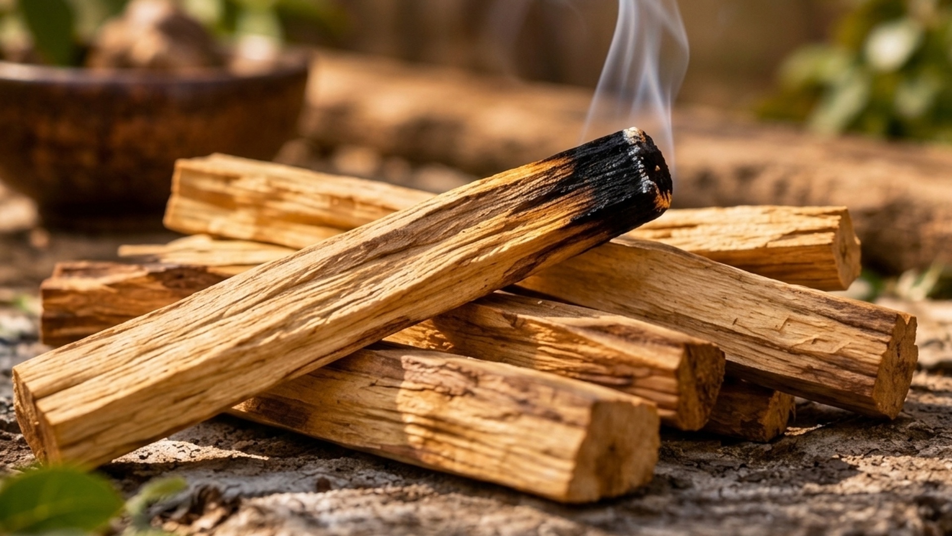 Burning Palo Santo stick producing fragrant white smoke