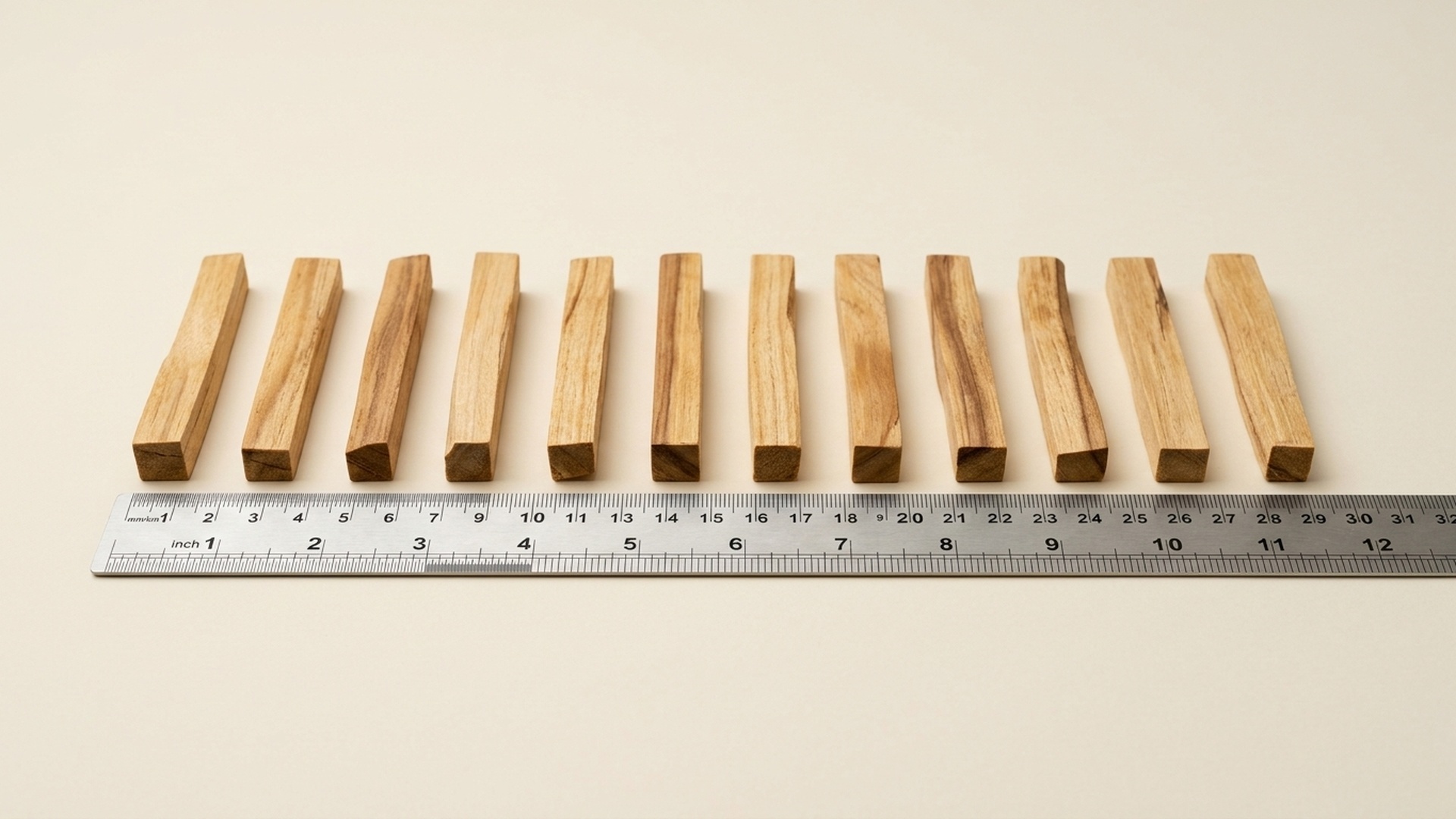 Hand-cut Peruvian Palo Santo natural sticks with 10cm ruler scale measurement